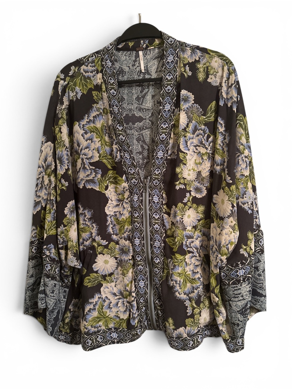 Free People Floral Kimono Jacket in Black, Green, Blue, Cream XS/S Oversized